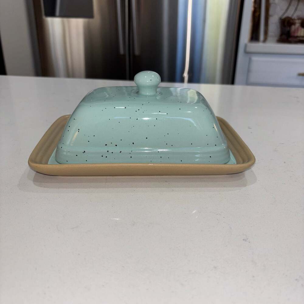 Speckled Ceramic Butter Dish with Lid, Light Turquoise and Tan
